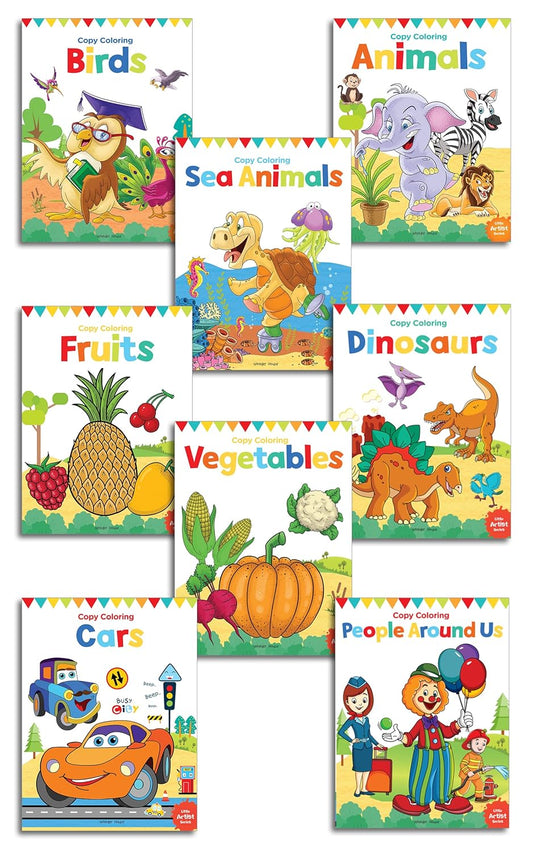 Little Artist Copy Colouring Boxset : Pack of 8 Books (Birds, Sea Animals, Fruits, Vegetables, Dinosaurs, Cars and People Around Us)